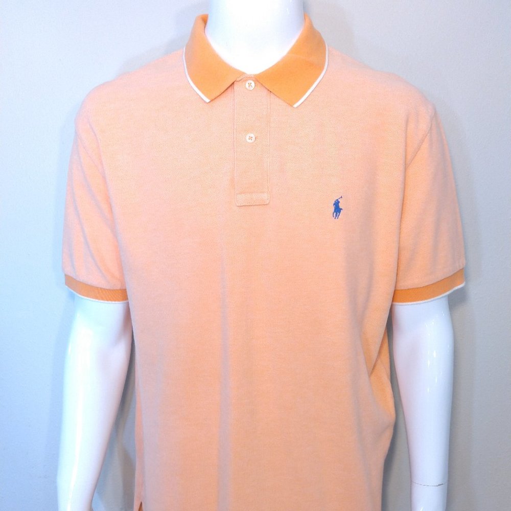 POLO RALPH LAUREN Large ORANGE White Blue Pony Size L Vintage Golf Shirt Vtg 90s